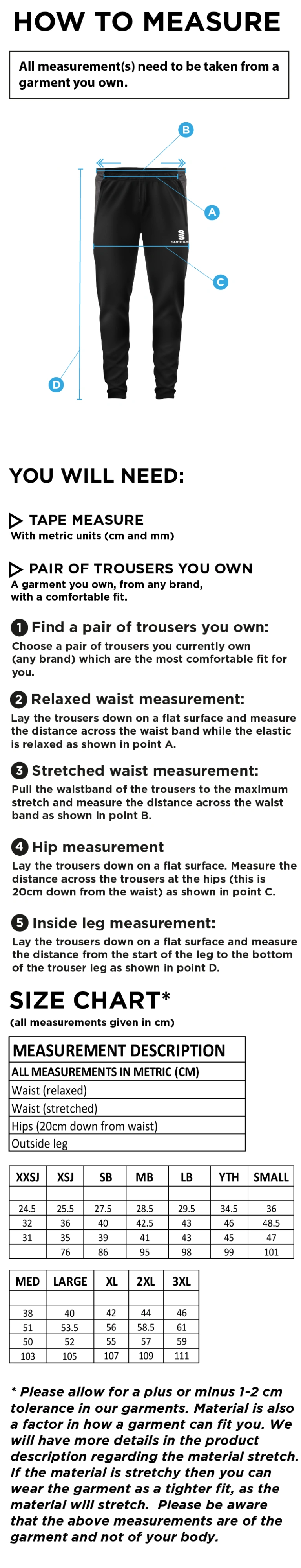 North Ferriby CC - Tek Slim Pant - Size Guide