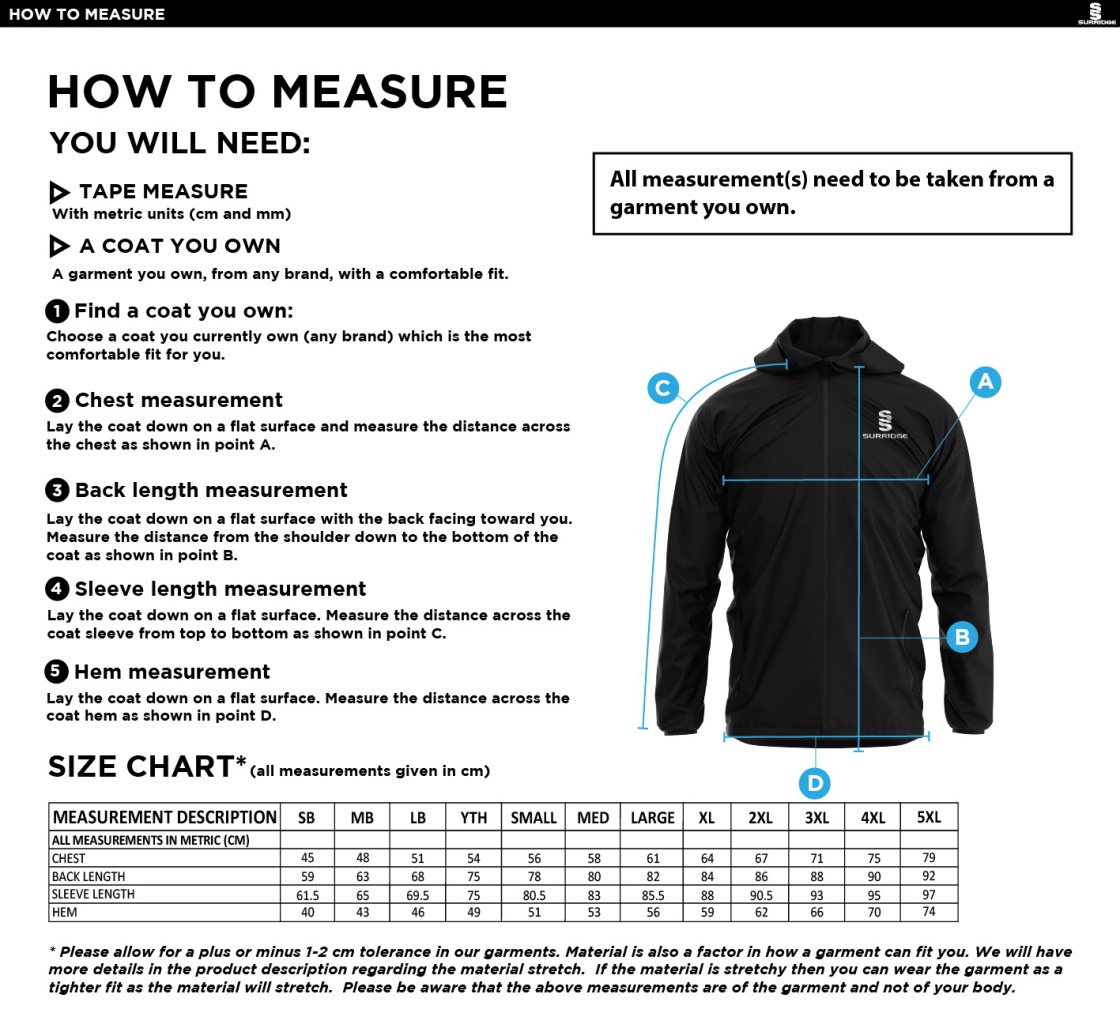 North Ferriby CC - Lightweight Full Zip Training Jacket - Size Guide