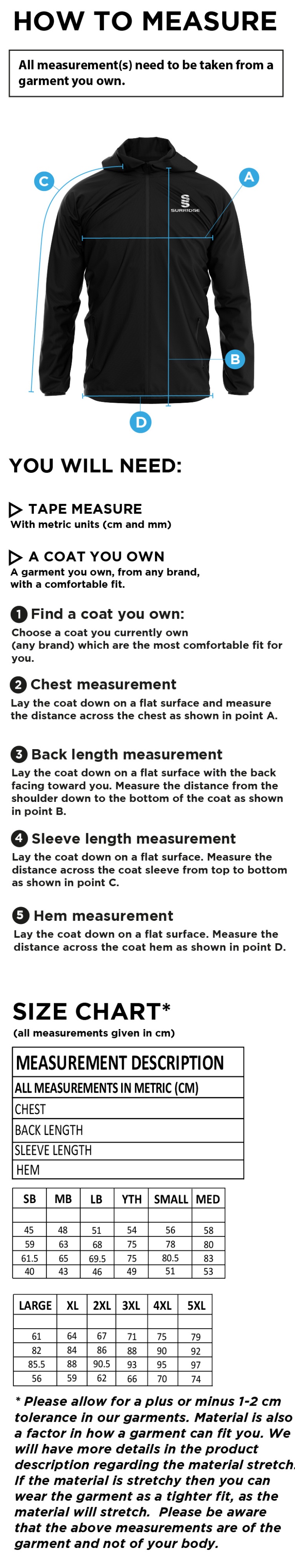 North Ferriby CC - Lightweight Full Zip Training Jacket - Size Guide