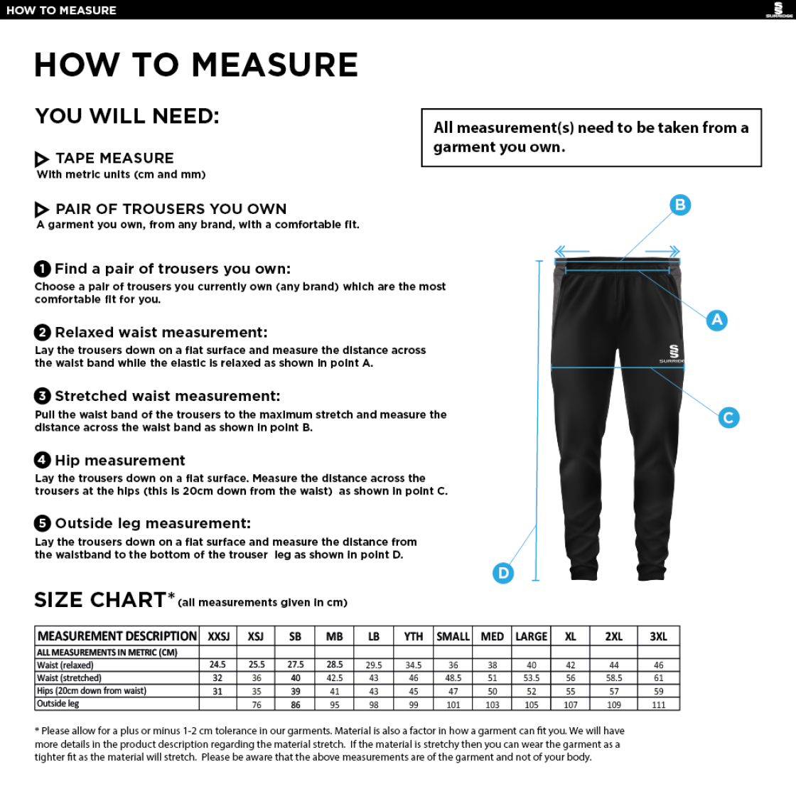 North Ferriby CC - Tek Slim Pant - Size Guide